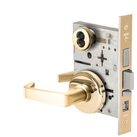 Grade 1 Office Mortise Lock, 15 Lever, H Rose, SFIC Housing Less Core, Bright Brass Finish